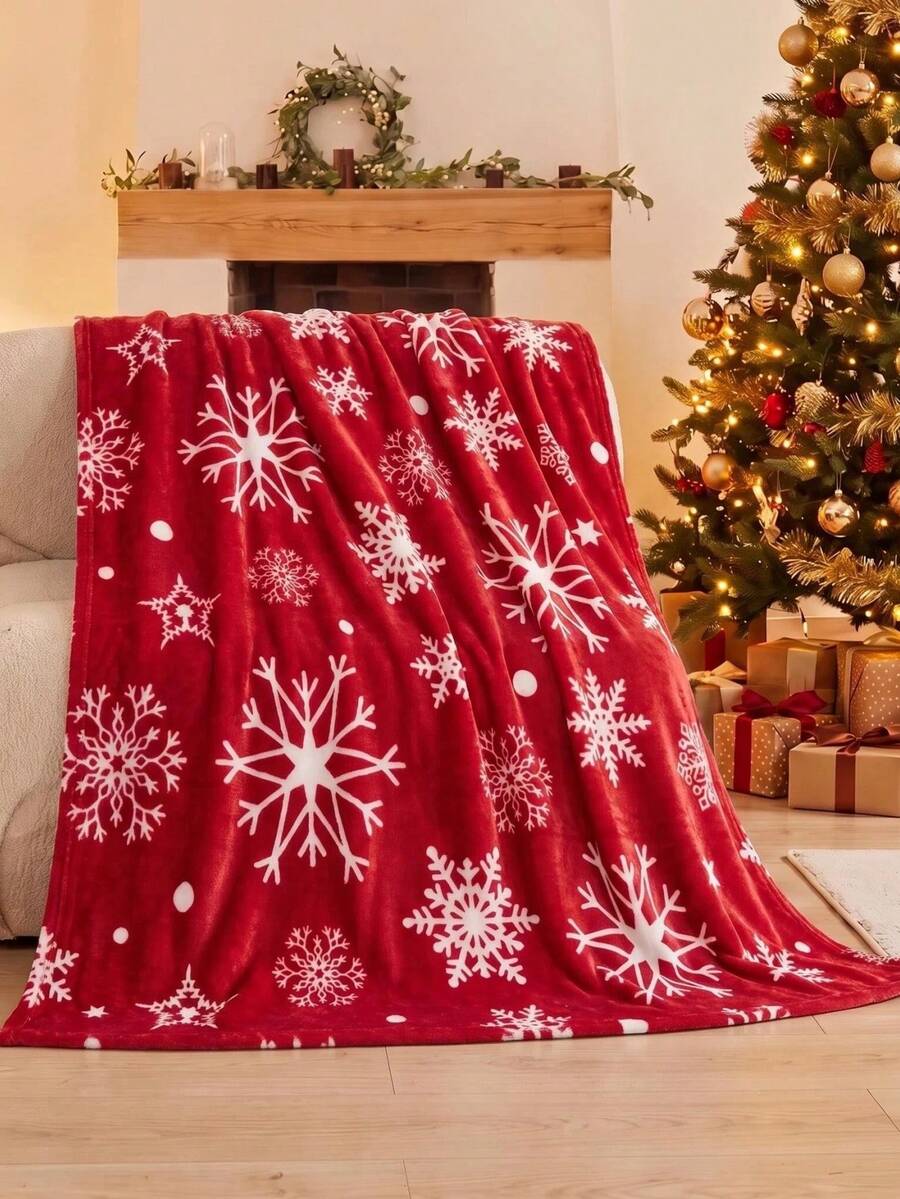 1 pièce Couverture imprimée flocon de neige rouge, jeté de canapé pour salon, couverture châle, couverture en fausse fourrure de peluche de lait douce et chaude, couverture de voyage, couverture de lit, couverture de loisirs, couverture châle, convient pour la décoration du canapé du salon et de la chambre, du dortoir et du balcon, décoration de mobilier de literie, couverture de lit & couette de serviette, couvre-lit, saison de la rentrée scolaire ; fournitures scolaires, literie de dortoir - Rouge et Blanc - Voir 1