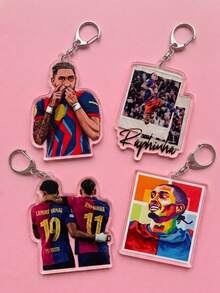 1Pc/4Pcs Raphinha Themed Acrylic Keychains, Featuring Celebration Action Illustration, Photo Frame, Jersey Back View Group Photo And Colorful Pop Art Portrait Design, Fashionable Bag Charm, Suitable For Back To School, Gift For Football Fans, Exquisite Collection, All Seasons - Multicolor - View 3