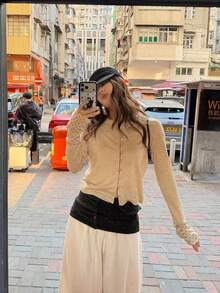 Women's Autumn/Winter Casual Knit Top With Coconut Shell Button Placket, Polka Dot Patchwork, Flared Sleeves, Cropped Base Layer - Apricot - View 3