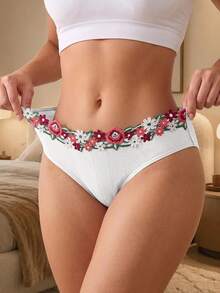 XGDFAY 5pcs Women's Mid-Waist Triangle Panties, Floral Embroidery Waistband Design, Solid Color Ribbed Fabric, Soft And Skin-Friendly, Comfortable And Breathable, Suitable For Daily Home Wear - Multicolor - View 2