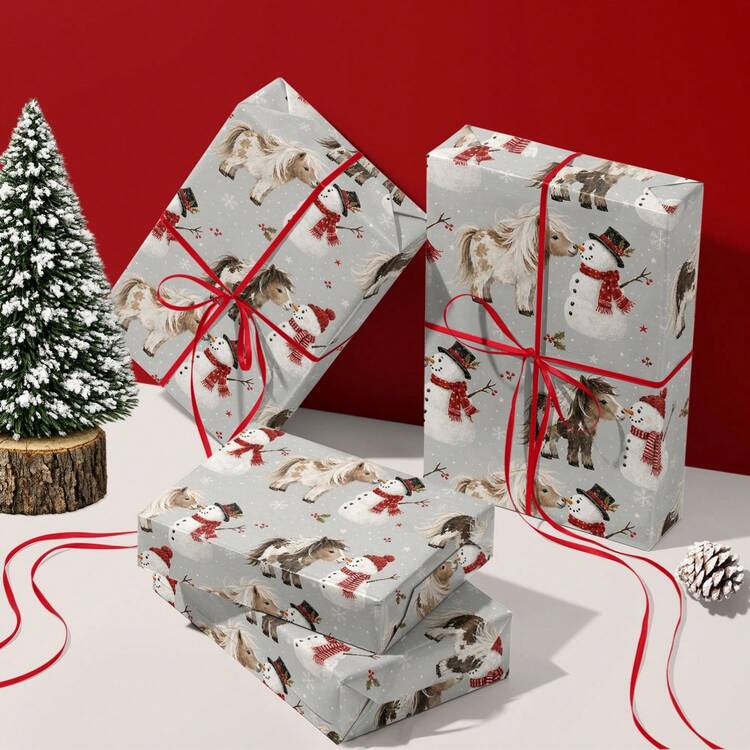 1set Horse Christmas Wrapping Paper(Includes Stickers), Winter Holiday Gift Wrap With Horses, Snowmen, Snowflakes Design For Xmas Gifts, Horse Lovers, Making Party Decorations, And Birthday Gifts - Pony and Snowman - View 2