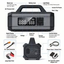 Car Jump Starter With Air Compressor, Portable 4-In-1 Emergency Battery Booster & Tire Inflator, Digital Display, Power Bank, LED Flashlight For Car, SUV & Motorcycle, 14.8V 2500mAh - Wireless - View 9
