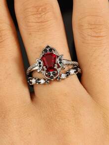 2pcs Gothic White Gold Plated Red Cubic Zirconia Open Ring Set, Gothic Style Combined With Dark Elements, Unisex Suitable For Halloween, Easter And Matching Gothic Style Clothing - Silver - View 8