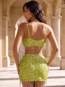 Perirose Women's Spring To Summer 2 Pieces Outfits, Sleeveless Crop Tank & Fringe Skirt Set - Green - View 2