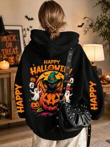 HALL Halloween Letter Print Pattern Sweatshirt, Plus Size Women's Casual Autumn/Winter Long Sleeve Pocket Hooded Sweatshirt Black - Black - View 1