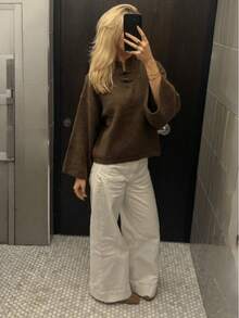 SEREN Elegant Women's Regular Fit Pullover Sweater, Brown, With Traditional Button Details And Wide Cuffs, Autumn Outfit Essential - Brown - View 3