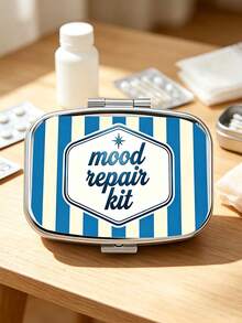 2D Flat Printing, Vintage Yellow And White Striped Creative Mood Slogan Pattern Square Small Pillbox, Two-Compartment Portable Storage Case, Pocket-Sized Container For Small Items, Accessories, Medicine, And Vitamins, Only Empty Bag - Multicolor - View 5
