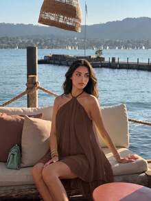 Casual Sexy Fashion Halter Neck Backless Chiffon Loose Fit Dress, Asymmetric Hem Elegant Style - Brown - View 5