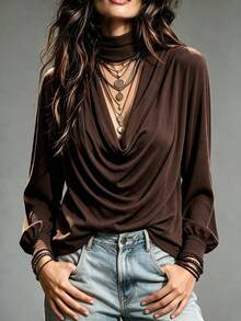 Women's Elegant Long Sleeve Top, Women's Autumn/Winter Clothing Outfit, Knitted Drape Design Loose Top, Halloween Thanksgiving Back To School Outfit, Women's Formal Office Commute Outfit, Sexy Night Outfit - Brown - View 6