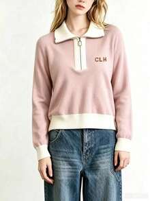 Zip-Up Long Sleeve Knit Cardigan, Versatile Knit Sweater Pink Fall - Pink - View 6