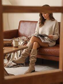 Women's Slouchy Ruched Stacked Tall Boots, Khaki Solid Color Elegant Round Toe Low Chunky Heel Versatile Slimming High Shaft Boots For Autumn/Winter - Khaki - View 7