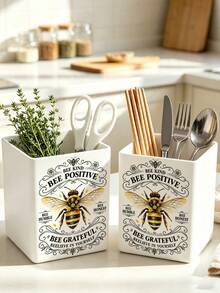 1pc "BEE POSITIVE" Multi-Function Storage Organizer - Cutlery Holder, Desktop Organizer (Suitable For Storing Cutlery, Straws, Tea Bags, Pens, Remote Controls); Plastic Material, Compact And Space-Saving, Suitable For Kitchen, Office, Living Room (Please Check Size Before Ordering) - Multicolor - View 6