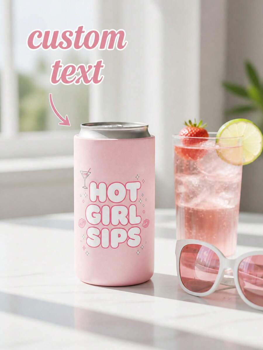 Personalized Can Sleeve, Pink Hot Girl Sips Beverage Cover With Retro Lettering, Custom Text Drink Sleeve For Women And Friends, Pool Party And Bridal Event Accessory, Cup Sleeve For Daily Drinks, Girls Night Celebrations And Gift Giving - Multicolor - View 1