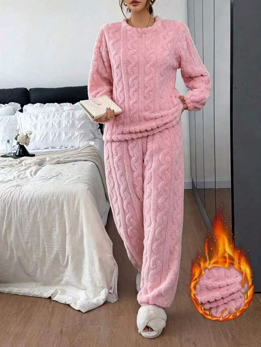 2pcs Women's Solid Color Pajama Set, Thick Thermal Lined Long Sleeve Long Pants Pajama Set, Simple And Fashionable - Pink - View 1