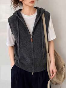 Women's Autumn/Winter Minimalist Hooded Zip-Up Cardigan Vest - Dark Grey - View 4