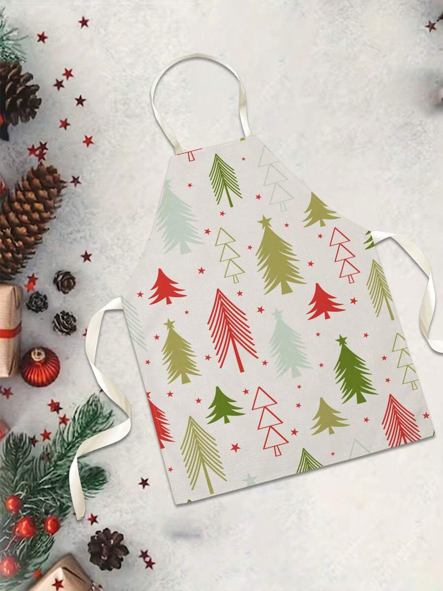 1PC Christmas Tree Pattern Single-Sided Printed Apron, Unisex Home Kitchen Halter Tie Apron, Home Decor Kitchen Cooking Anti-Stain Apron - Multicolor - View 1