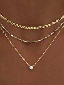 1pc Layered Gold Necklace Set For Women, 14K Gold Plated Sterling Silver CZ Circle Pendant With Stackable Cuban Chain Choker, Waterproof Gift - Multicolor - View 2