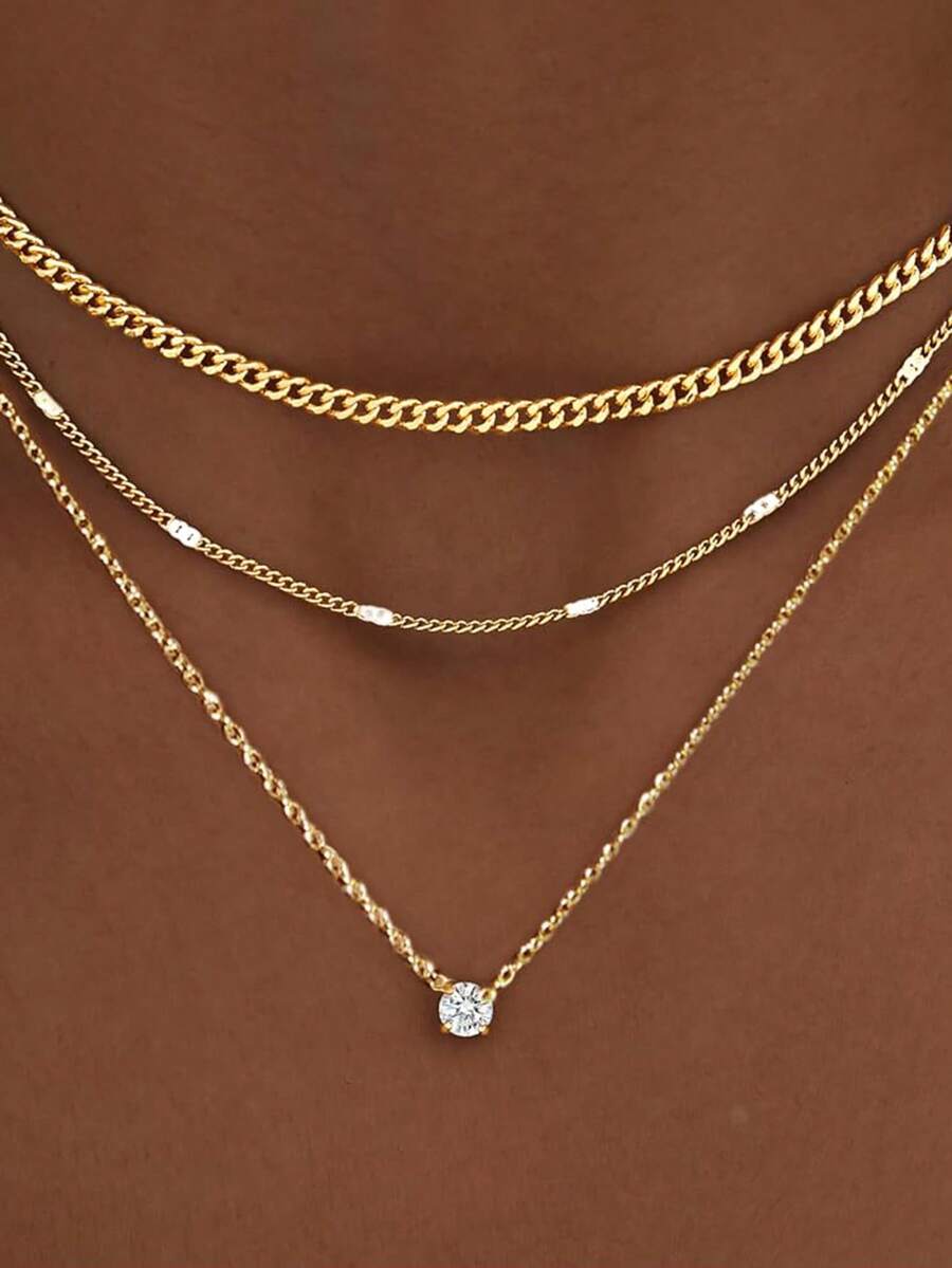 1pc Women's Layered Gold Necklace Set, 14K Gold Plated 925 Sterling Silver CZ Round Pendant With Stackable Cuban Chain Necklace, Waterproof Gift - Multicolor - View 1