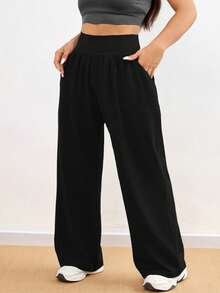 1pc Plus Size Women's Loose Wide Leg Yoga Pants, Side Pockets Elastic Waistband, Solid Color All Season - Black - View 1