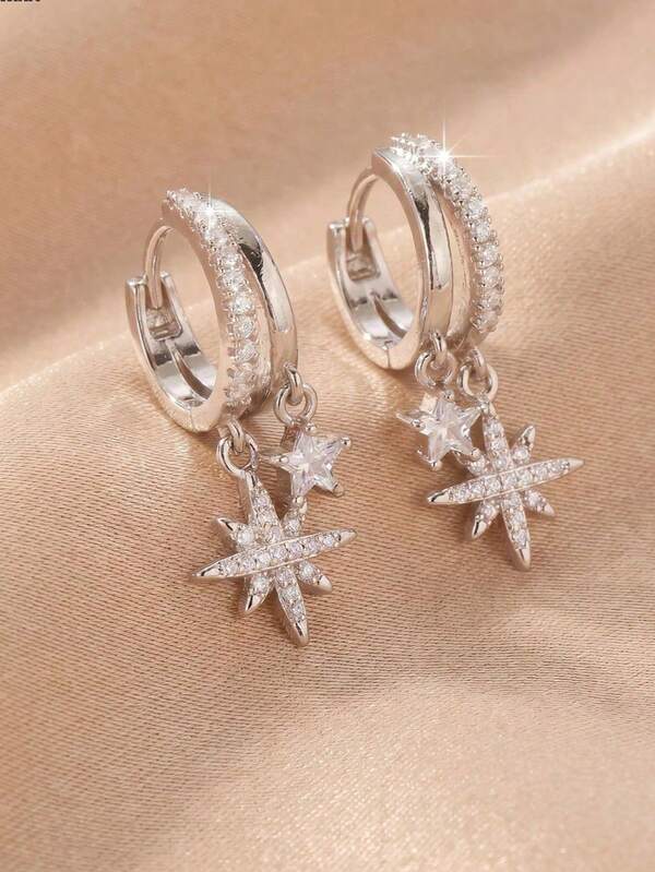Minimalist Luxury Eight-Pointed Star Double Star Stud Earrings, Gold-Plated Wide-Face Zirconia Earrings, High-End Niche Design Jewelry