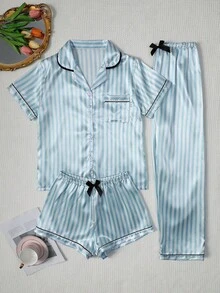 Elegant Women's Short Sleeve Top, Shorts, Long Pants, Collared Striped Print Bow Pajama 3-Piece Set, Loungewear Set - Baby Blue - View 1