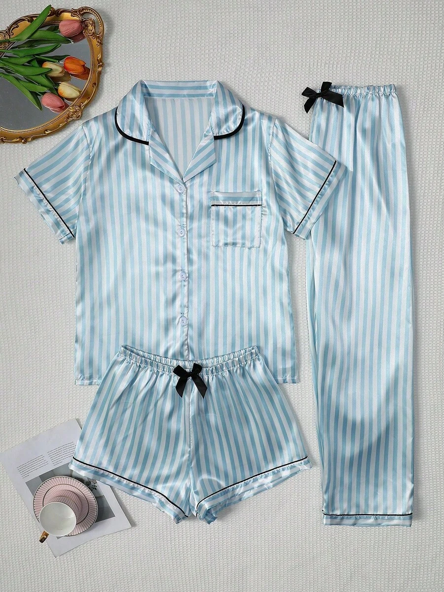 Elegant Women's Short Sleeve Top, Shorts, Long Pants, Collared Striped Print Bow Pajama 3-Piece Set, Loungewear Set - Baby Blue - View 1