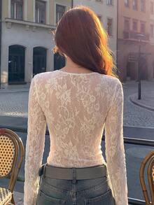 Solid Color Embroidered Sheer Frill Trim Vacation Sexy Style Self-Heating Lace Women's Inner Layer Brushed Fleece Embossed Lace Base Layer Top - White - View 3
