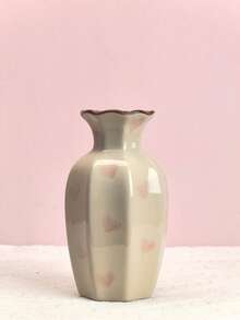 Cream White Ceramic Vase, Pink Heart Pattern Decorative Vase, Glazed Floral Vase And Pen Holder, Suitable For Bedroom, Children's Room Aesthetic Desktop Centerpiece - View 9