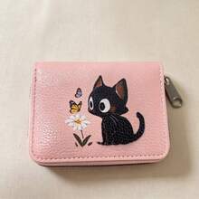 Cute Black Cat & Daisy Butterfly Print PU Leather Zipper Wallet, Women's Mini Card Holder & Coin Purse - Multicolor - View 12