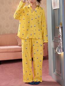Gongdie 2 Pieces Miffy Women's Pajama Set,Spring Fall Yellow Double-Layer Gauze Cotton Loungewear With Pocket - Yellow - View 4