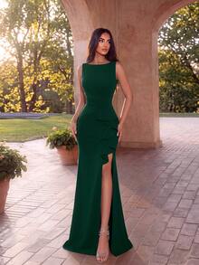ADYCE Elegant Boat Neck High Waist Pleated Backless Party Dress, Autumn - Dark Green - View 5