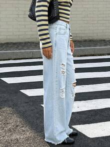 Women's Distressed Flare Leg Casual Wide Leg Jeans - Light Wash - View 6
