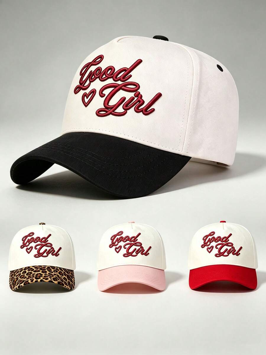 1 chiếc mũ hai tông màu thêu slogan Good Girl hình trái tim, thiết kế điều chỉnh được, phù hợp cho du lịch, tiệc tùng, chạy bộ và chống nắng