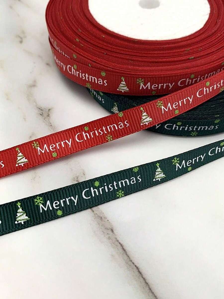1 Roll 24 Yards Red & Green Dual-Color Ribbon - Christmas Decoration, Printed With "Merry Christmas", Perfect For Gift Wrapping, Wreath Making, Handmade Crafts And Various Christmas Decorations (Such As Holiday Wreaths, Decorative Ribbons, Etc.) - Multicolor - View 1