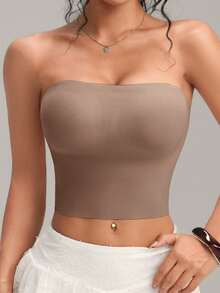 1pc Women's Solid Color Casual Bra, Wire-Free Removable Padding Strapless Anti-Slip Bandeau, Comfortable Seamless Design Suitable For Multiple Occasions And All Seasons - Brown - View 5