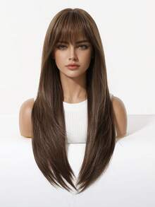 Wig Rambut Lurus Panjang Cokelat Teh Susu 24 Inci dengan Poni, Potongan Berlapis, Cocok untuk Pemakaian Sehari-hari Wanita, Pemakaian Kantor, Wig Harian, Wig Kencan, Gaya Cleanfit - MultiWarna - View 3