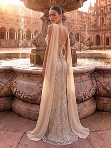 Women's Elegant Charming Romantic Formal Evening Gown, Backless Strapless Beaded Mesh Sequin Slit Cocktail Party Gala Graduation Long Dress - Beige - View 3
