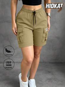 Hidkat Women's Solid Color Casual Sports Shorts With Side Pockets, Suitable For Summer Daily Wear And Outdoor Sports, Training - Khaki - View 2
