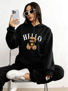 Women's 2 Pieces Sports Set, HELLO Cool Bear Print Drawstring Hoodie And Sweatpants Set, Casual Comfortable Loungewear Set. - Black - View 2