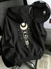 Plus-Size Gothic Style Hooded Sweatshirt For Women, Casual Style, Double-Sided Graphic Print Of Moon, Sun And Stars, Suitable For Autumn And Winter. - Black - View 4