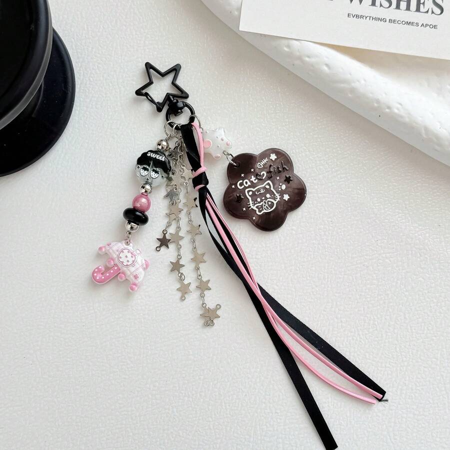 Original Sweet & Cool Style Cat Flower Card Keychain, Girl Star Tassel Ribbon Pendant, Cute Beaded Bag Charm - Multicolor - View 1