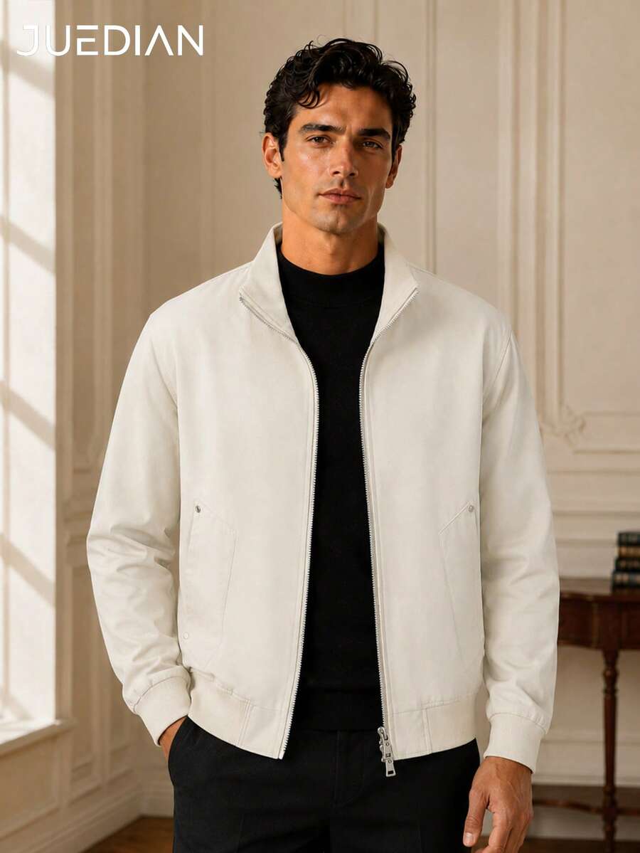 1pc Khaki Stand Collar Full Zip Men's Jacket, Loose Fit Long Sleeve ...