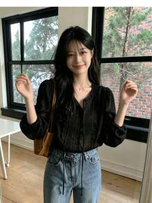 YCYC 甜美風百搭修身花卉蕾絲領緞帶百褶鈕扣長袖上衣 黑色 - 黑色 - 查看 5