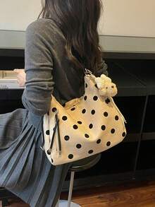 熱門女款新款大容量通勤斜挎肩背包 小眾設計手提包 休閒百搭極簡時尚托特包 舒適布料 PU 皮革紋理 純色設計 拉鍊開合 可調節長肩帶 大容量 附吊飾 - 卡其色 - 查看 4