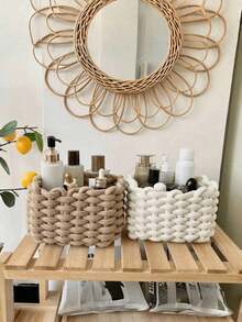 1pc Khaki Handmade Woven Thick Cotton Rope Cosmetic Storage Box, Makeup Brush & Skincare Product Organizer - Khaki - View 2