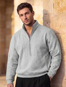 Men Fall Half‑Zip Stand Collar Sweatshirt, Elegant Holiday Festival Casual Pullover With Side Pockets For Daily Vacation - Grey - View 1