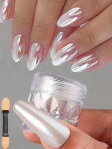 Moonlight White Nail Powder, Holographic Mirror Effect Colorful Powder With Sponge Applicator, Shiny Metallic DIY Nail Art Supplies - White - View 2