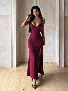 Women's Solid Color Elegant Waist-Cinching Party Dress - Burgundy - View 1