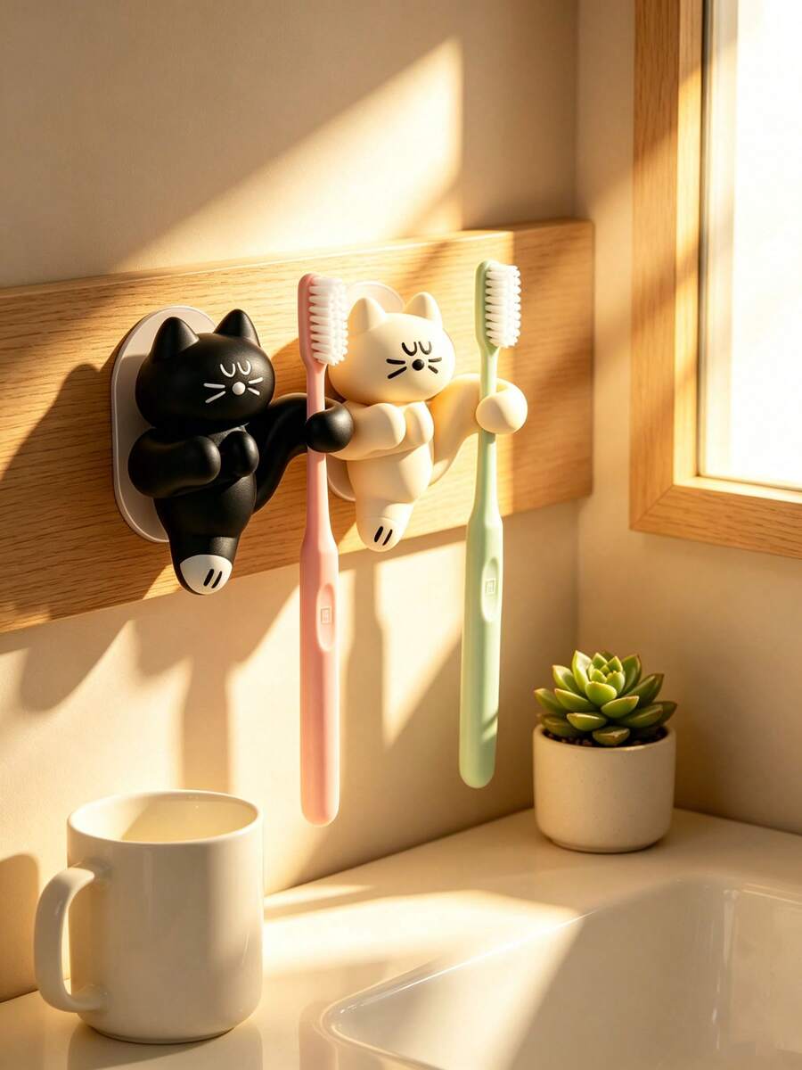 1pc Cute Cat Shaped Wall Mount Holder, Functional Toothbrush Rack + Cable Organizer, No-Drill Adhesive Hook, Suitable For Bathroom Sink, Desktop Charging Cable Storage - Multicolor - View 1