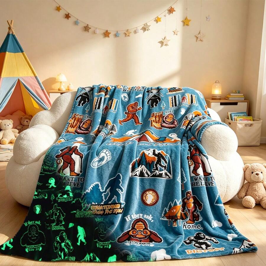 1pc Glow In The Dark Bigfoot Blanket Soft Flannel Fleece Throw Sasquatch Camping Pattern Cozy Plush Blanket Suitable For Bed Sofa Bench And Outdoors Can Also Be Used As A Birthday Gift